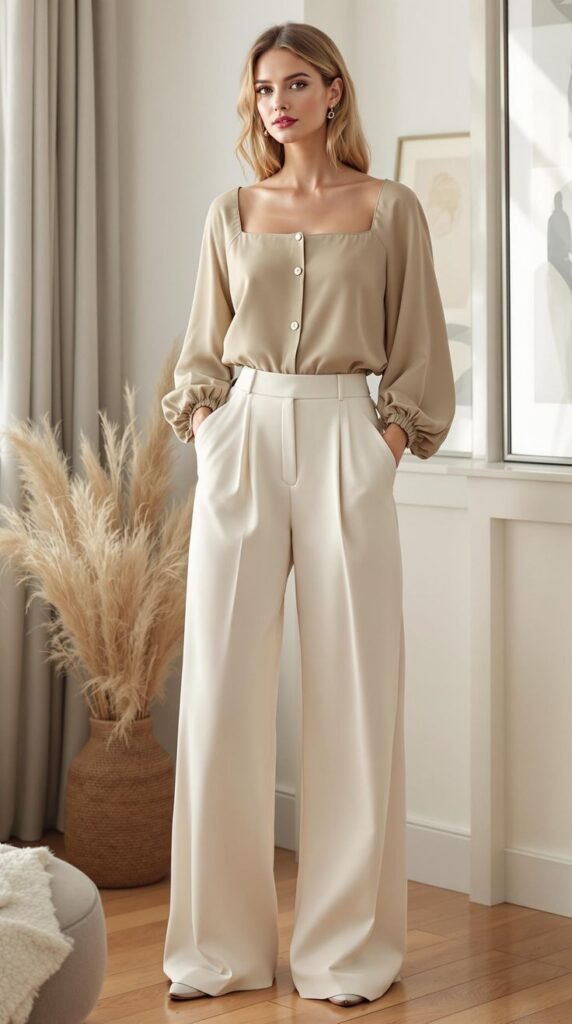 WOMEN'S COLLECTION IN KOTTAKKAL, NEUTRAL SHIRT PAIRED WITH LIGHT-COLORED WIDE PANT